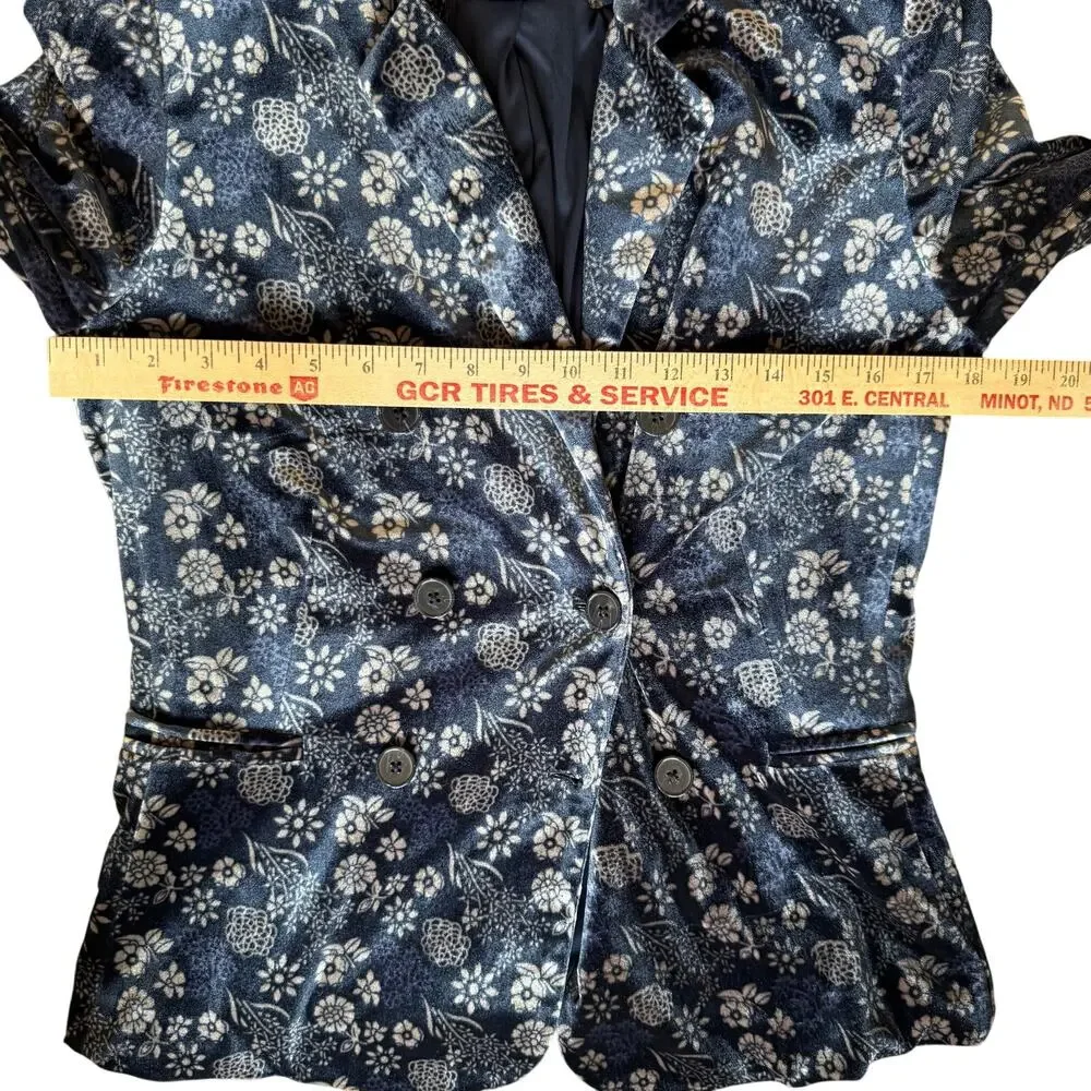 Carolina Belle Montreal Velvet Blazer XS Navy Blue Beige Floral Double Breasted